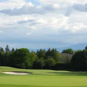 Close-up of a beautiful golf course with vibrant green grass and scenic elements.