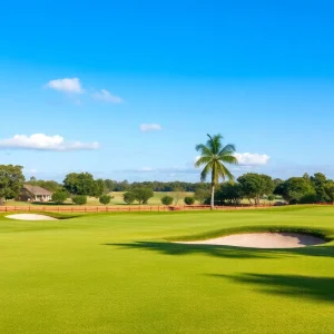 Close up of a beautiful golf course with vibrant greens and scenic views.