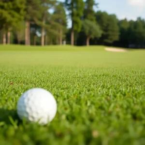 Close up of a beautiful golf course featuring lush greens