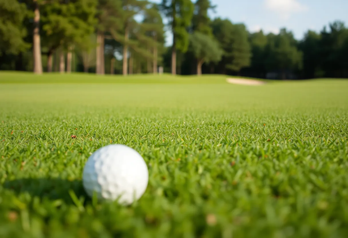 Close up of a beautiful golf course featuring lush greens