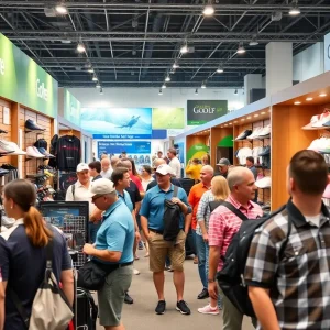 Crowd at the 2025 PGA Merchandise Show in Orlando, Florida, showcasing golf products.