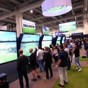 Attendees interacting with GOLFJOY's golf technology at the 2025 PGA Show in Orlando.