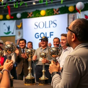 Ceremony recognizing top golf shops with trophies and awards