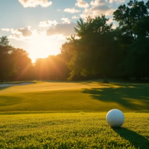 Close up shot of a beautiful golf course featuring lush green grass and a tranquil landscape.