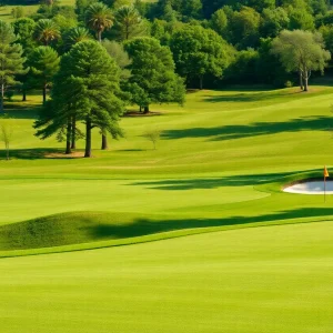 Close-up of a beautiful golf course with greens and traps