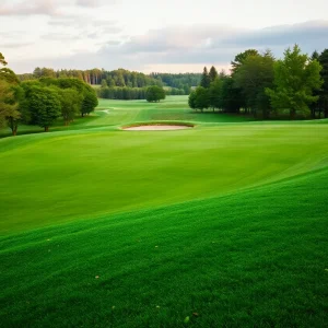 Close up of a beautiful golf course showcasing lush green fairways