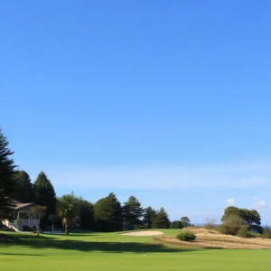 Close up of a beautiful golf course with vibrant greens and flowers.