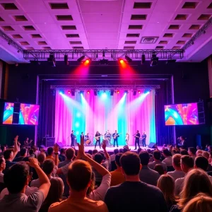 A colorful Blue Man Group performance on stage at ICON Park Orlando