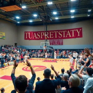 Fans cheering during a college basketball game