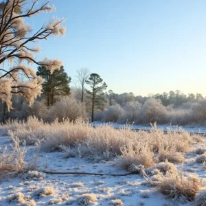 Winter landscape in Central Florida with frost covered trees