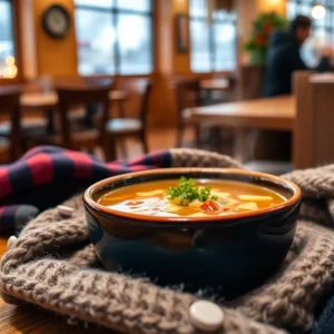 Steaming bowl of soup on a table in a restaurant