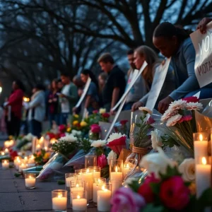 Community memorial with flowers and candles honoring shooting victims.