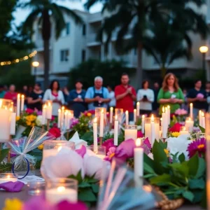 Community members gathering to honor Ruben Davila's memory with candles and flowers in an Orlando neighborhood.