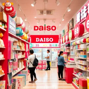 A colorful Daiso store in Orlando with products displayed on shelves.