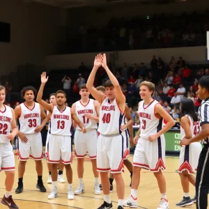 Celebration of Evans High School boys basketball team after a game