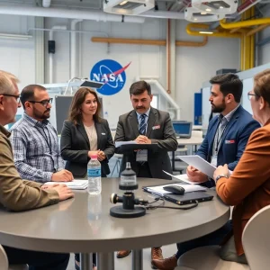 University representatives collaborating at a space center