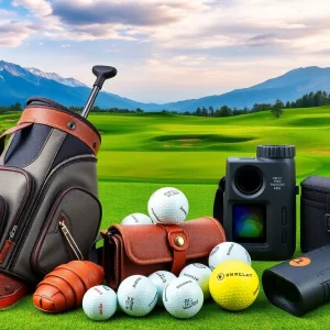 Collection of golf-themed gifts for travelers including bags, accessories, and apparel.