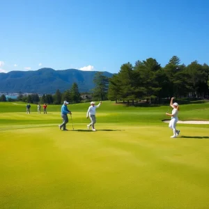 Golfers celebrating a hole-in-one on the course