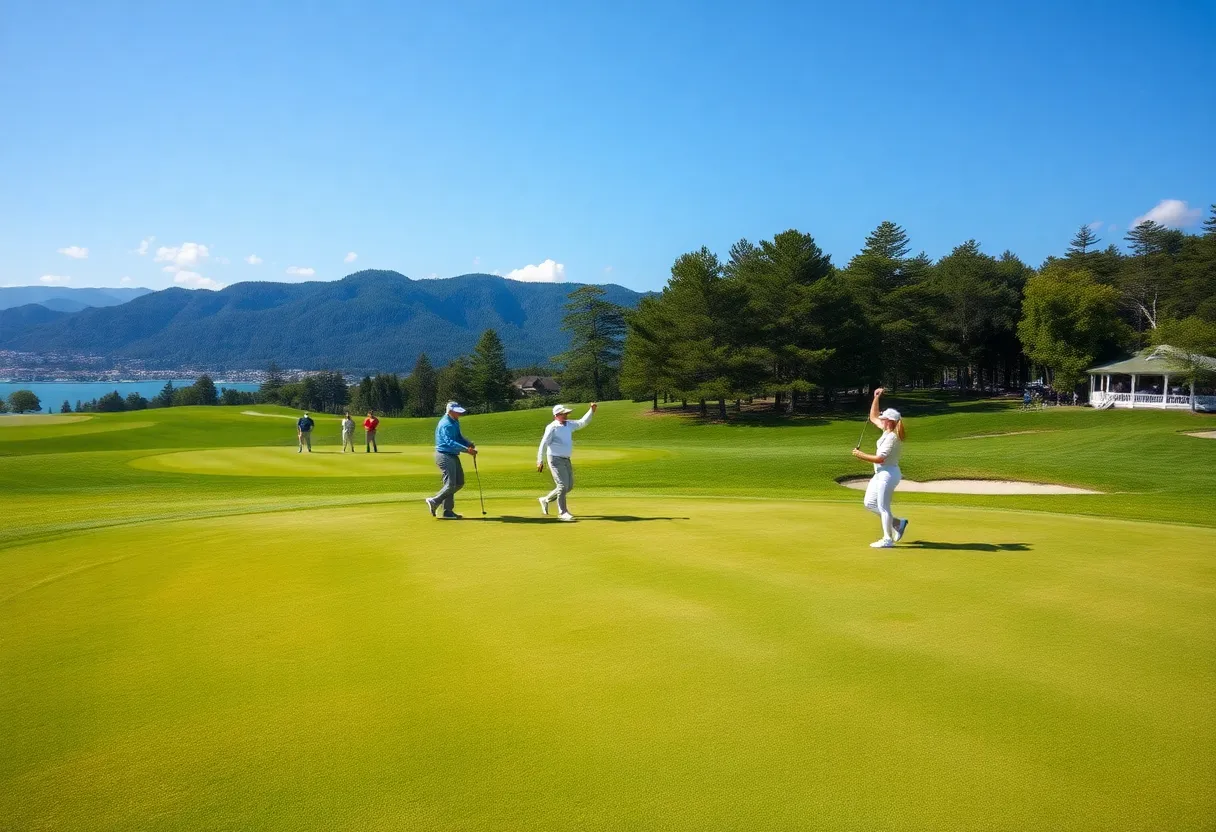 Golfers celebrating a hole-in-one on the course