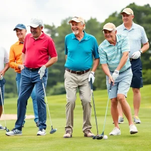 Diverse group of golfers enjoying a sunny day on the course.