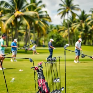 Golf players testing new equipment at a PGA Tour event