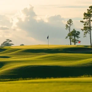 A golf course with ominous skies, symbolizing a tragic event.