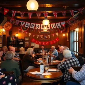 A community pub representing The Hammered Lamb filled with patrons celebrating their final days.