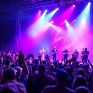 A concert scene featuring musicians on stage performing for a vibrant audience.