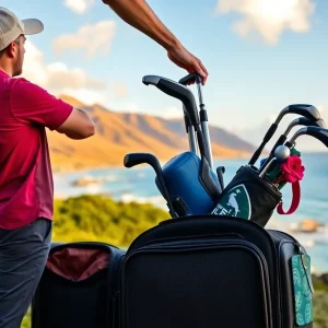 Golf clubs being checked in at the airport with Hawaiian Airlines.