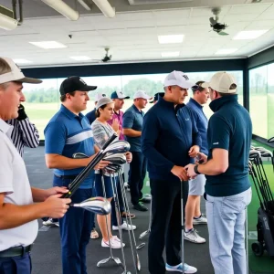 Golfers receiving personalized club fittings indoors with professional fitters.