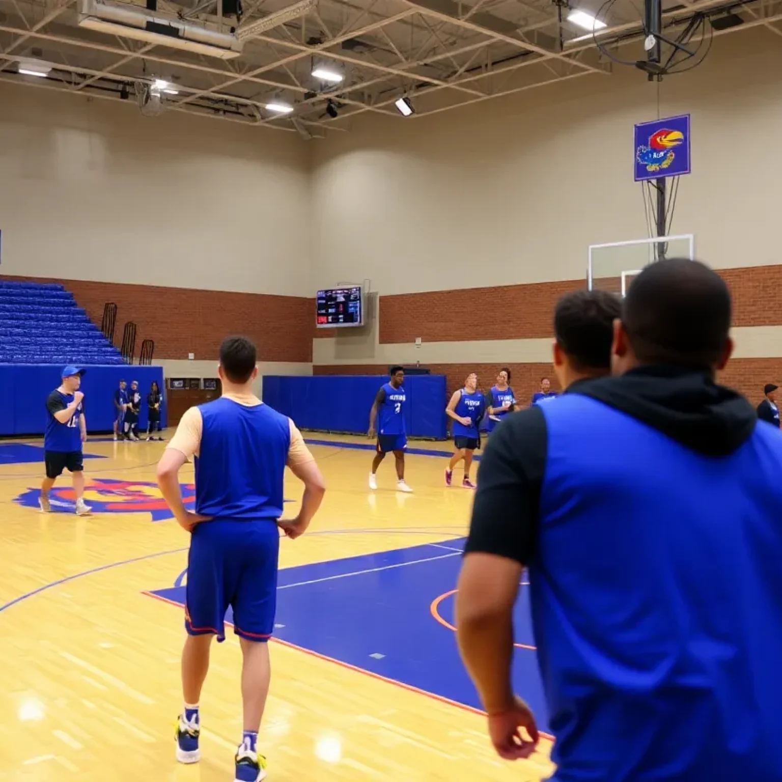 Kansas University basketball players practicing on the court