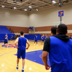 Kansas University basketball players practicing on the court