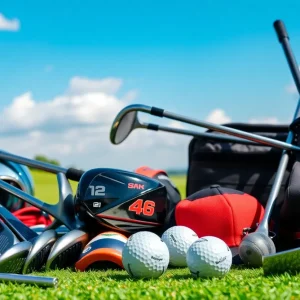 A variety of new golf gear including clubs, golf balls, and apparel.