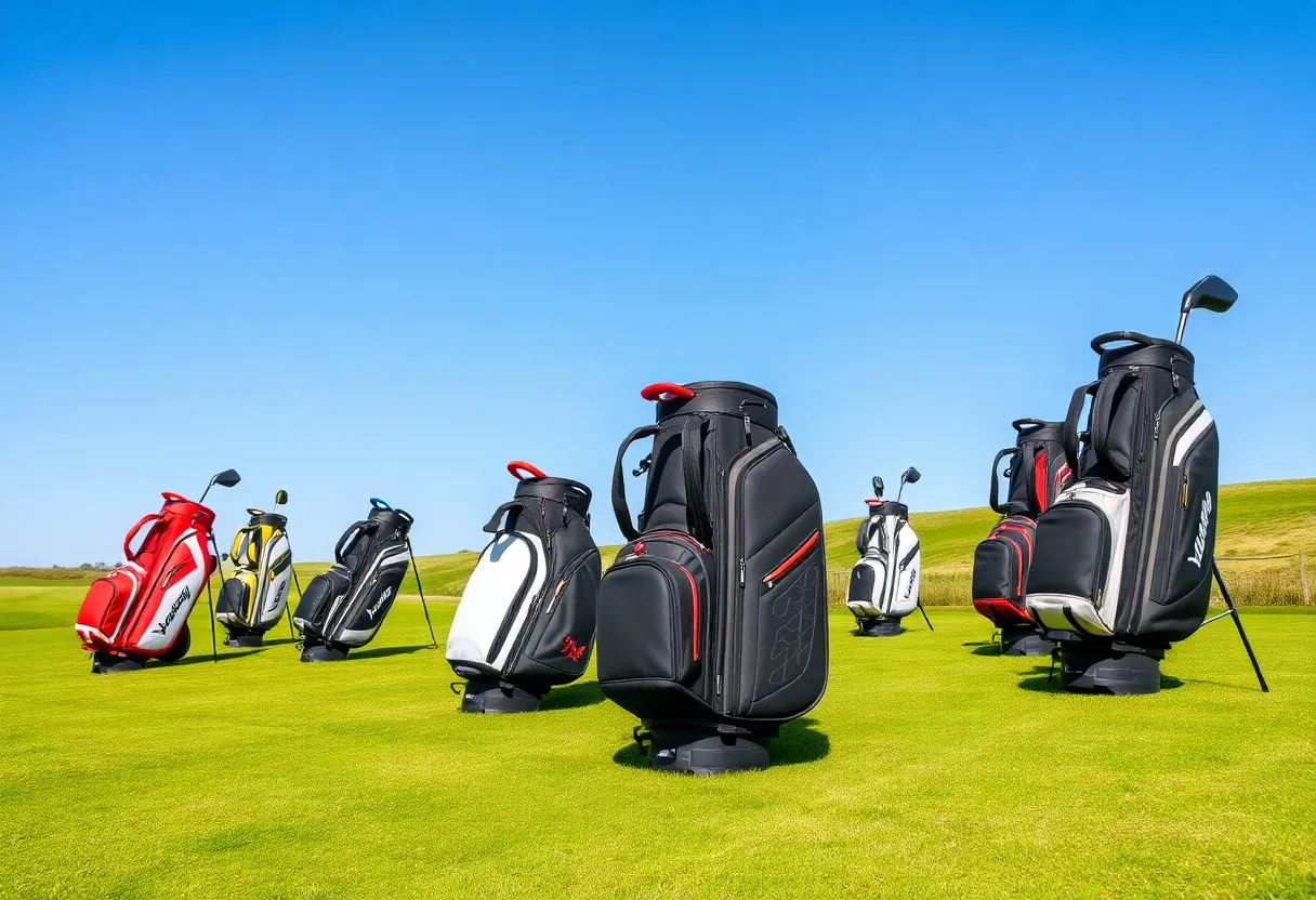 A variety of lightweight golf bags on a green golf course