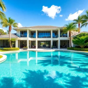 Exterior view of a luxury home in Orlando with a pool and garden