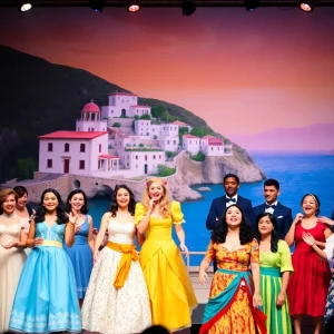 Theatrical performance of Mamma Mia with a beautiful Greek island setting.