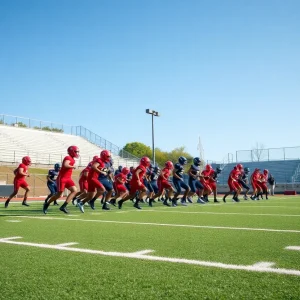 High school football players practicing on the field