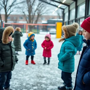 Children playing indoors during cold weather at Marion County School