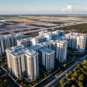 Aerial view of Maris Pointe apartment complex near Orlando International Airport