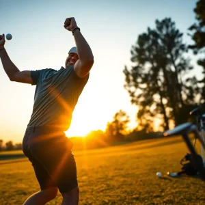 A golfer performing a powerful swing on a golf course