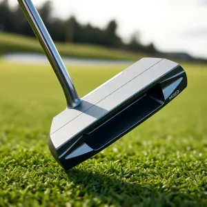 Close-up of Mizuno M.Craft X putter on green turf