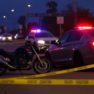 Scene of a motorcycle collision with a sedan surrounded by emergency response vehicles.