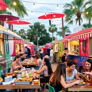 Food truck park in Orlando with various food vendors and happy customers.