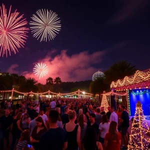 Crowd enjoying New Year's Eve fireworks in Orlando