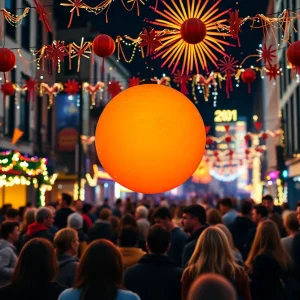 Crowd celebrating New Year's Eve at Thornton Park with decorations and an orange ball.