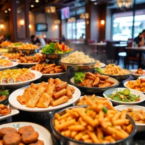 A variety of buffet dishes showcasing sushi, grilled meats, pasta, and Indian curries in a restaurant atmosphere.