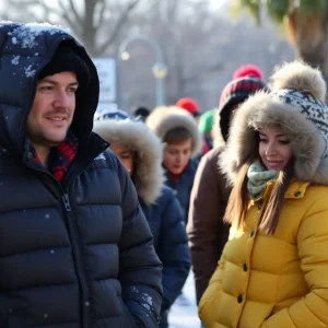 Winter scene in Orlando with residents in winter clothing