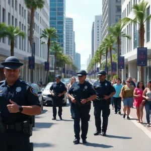 Police officers patrolling a busy street in Orlando to ensure public safety.