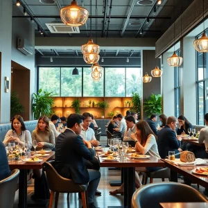 Patrons dining at a modern Orlando restaurant