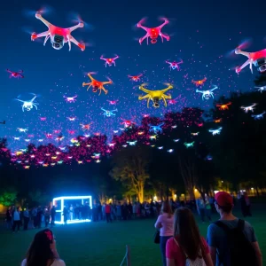 Colorful drones in the night sky during an event in Orlando